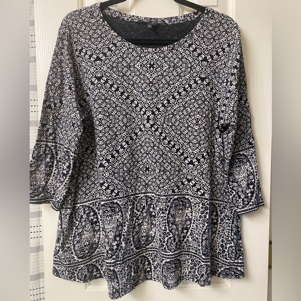 Lucky Brand Black and White Patterned 3/4 Sleeve Top Size 1X